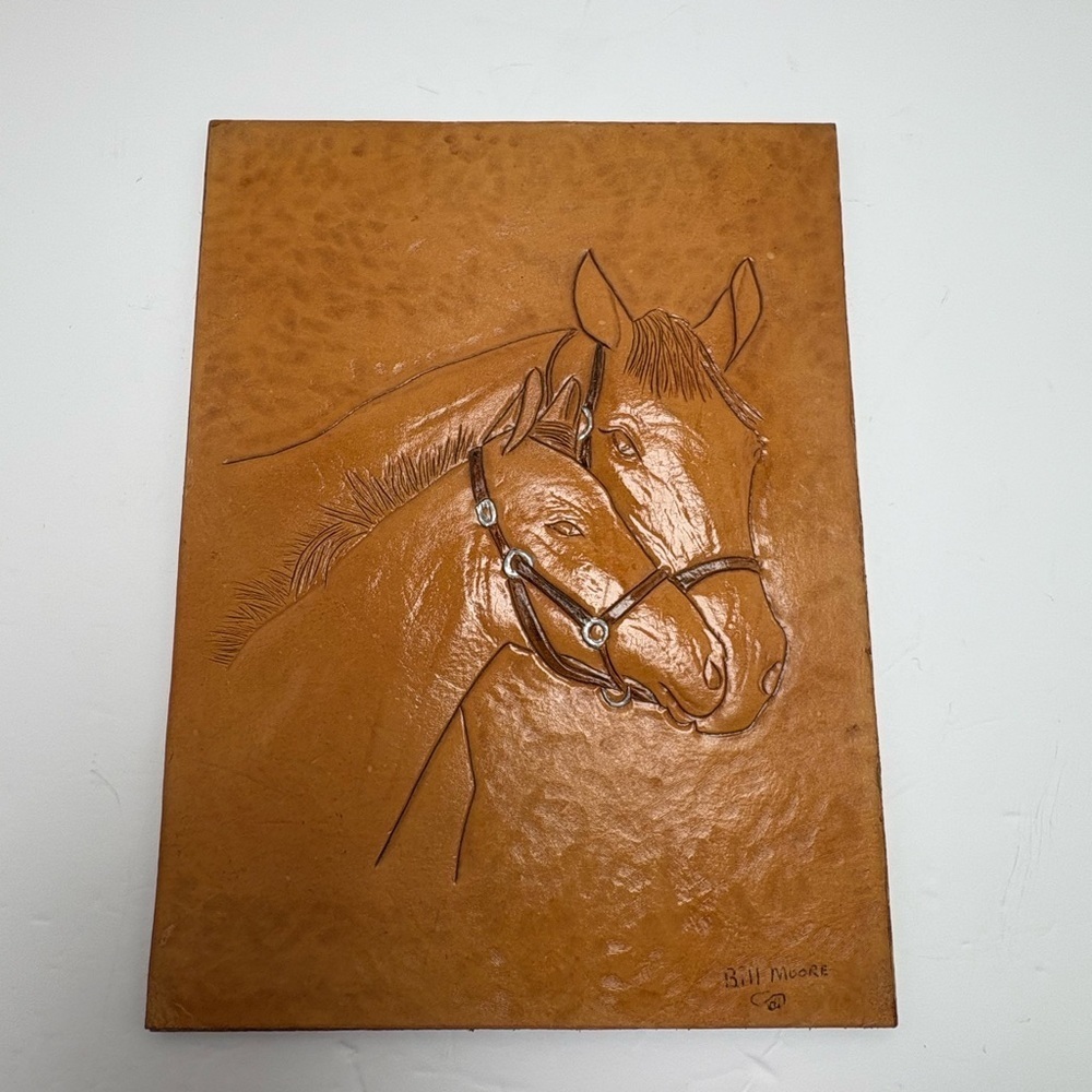 Hand-Tooled Signed Leather Horse (Mare and Foal) Art Panel